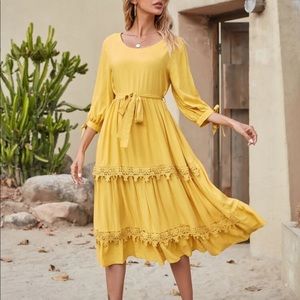 Boho lace trim belted A line dress